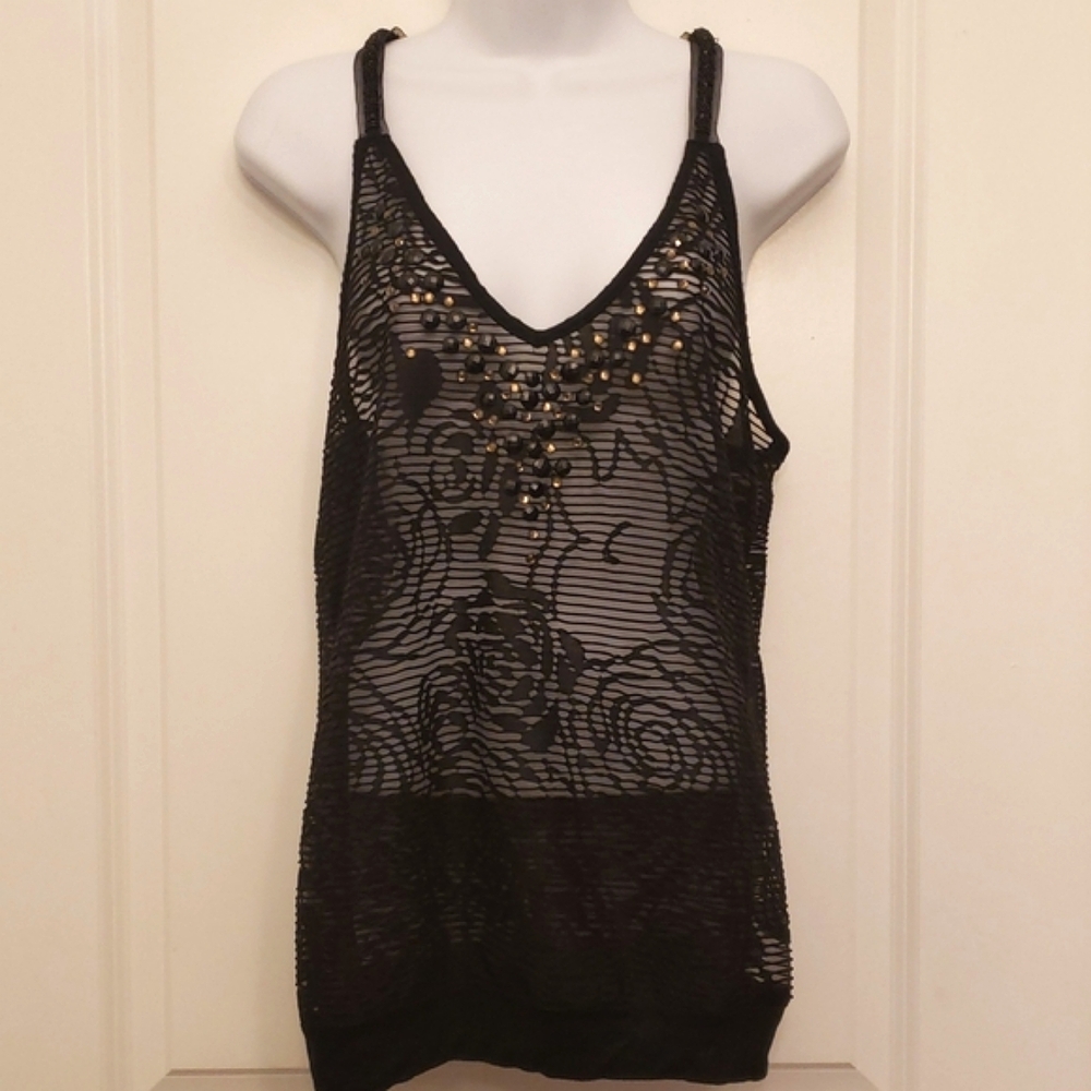 Black Racer Back Lace Tank Top with Sheer Beaded Detail Medium Roses